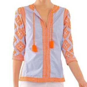 Gretchen Scott Odessa Blue White Pinstriped Orange Embroidered Tunic Size XS